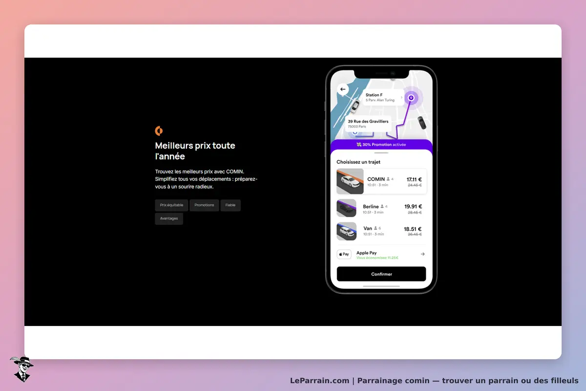 comin : page d'accueil avec un smartphone affichant des options de trajet et une promotion active