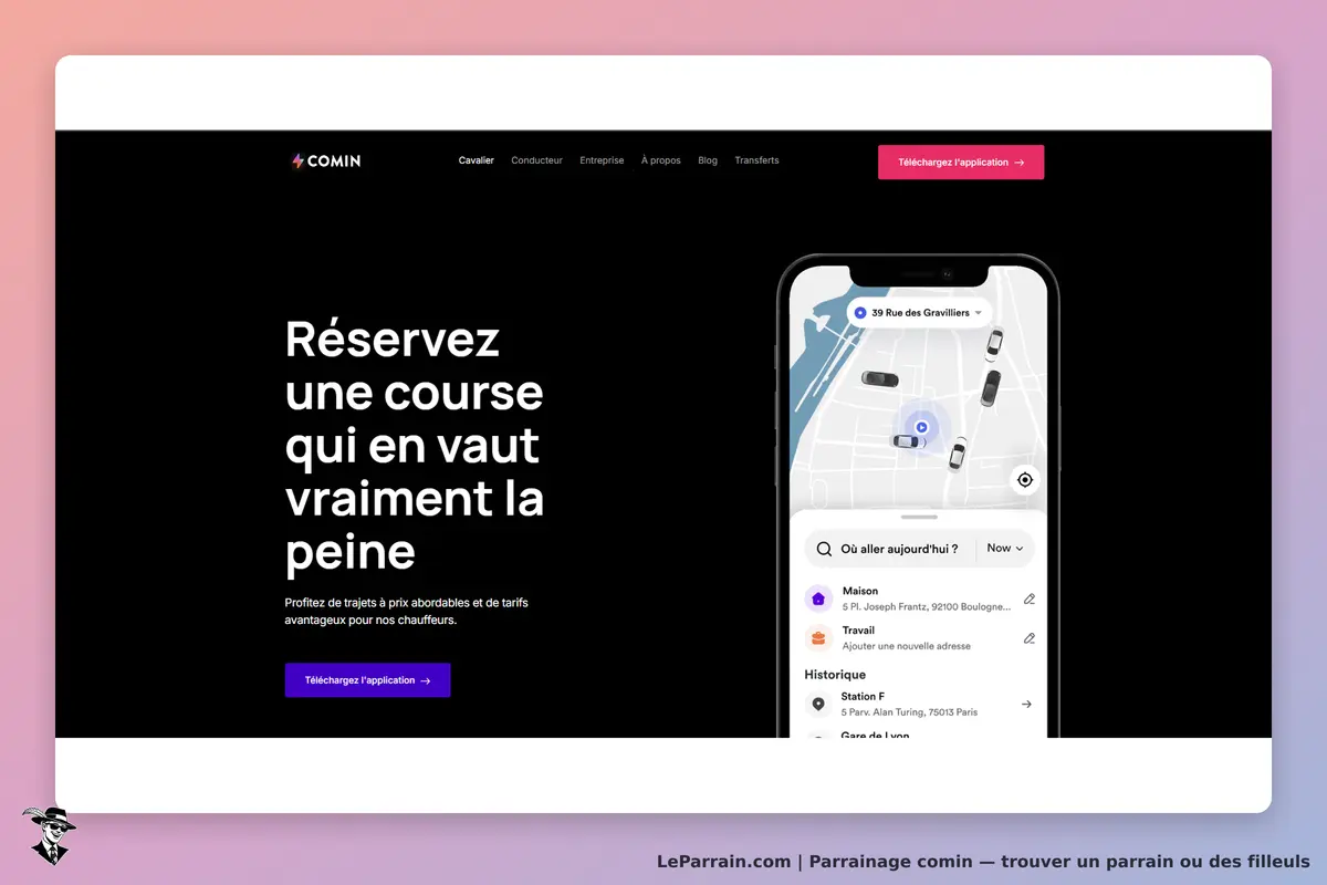 comin : page d'accueil avec un smartphone affichant une carte et un formulaire de réservation