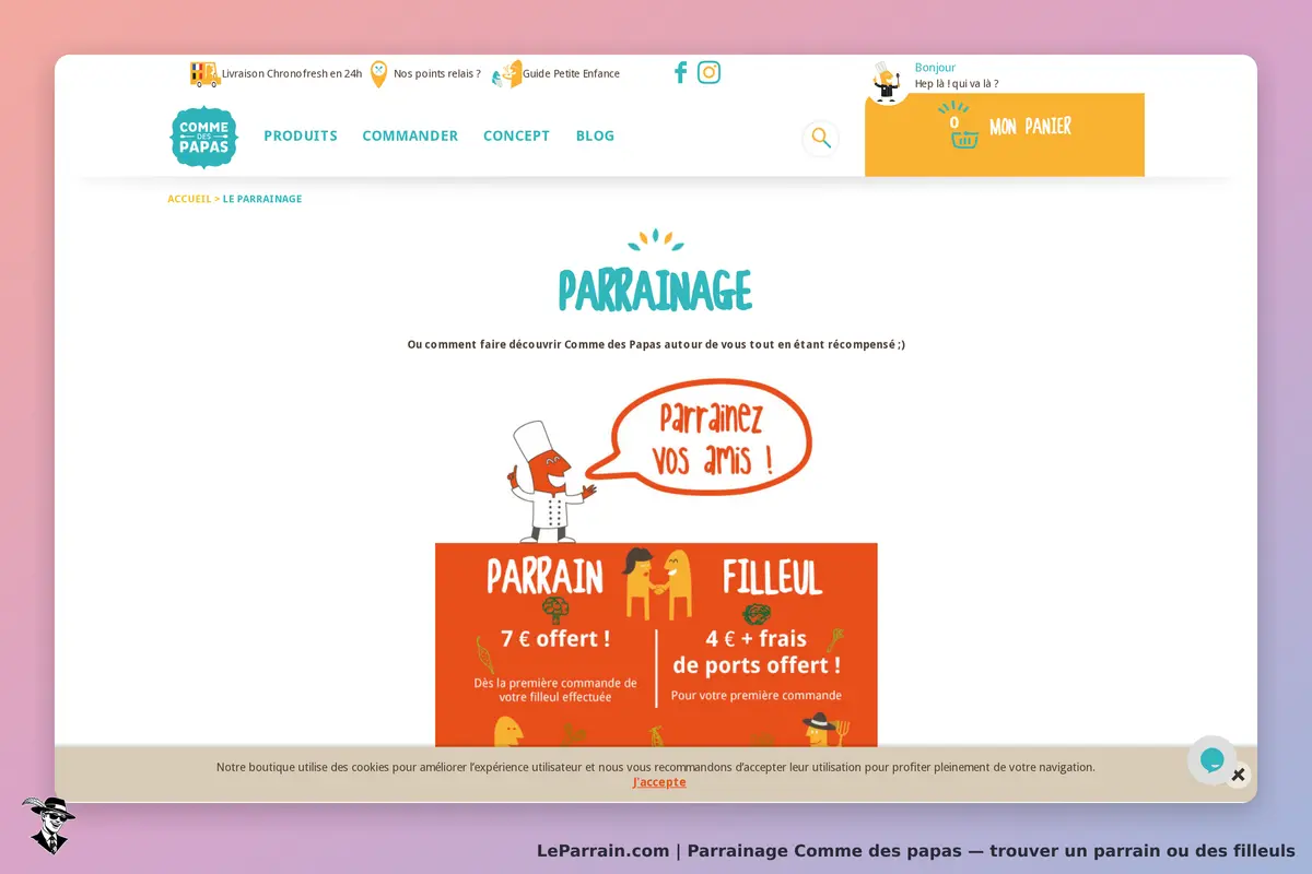 Comme des papas : section parrainage avec des illustrations et des incitations à parrainer