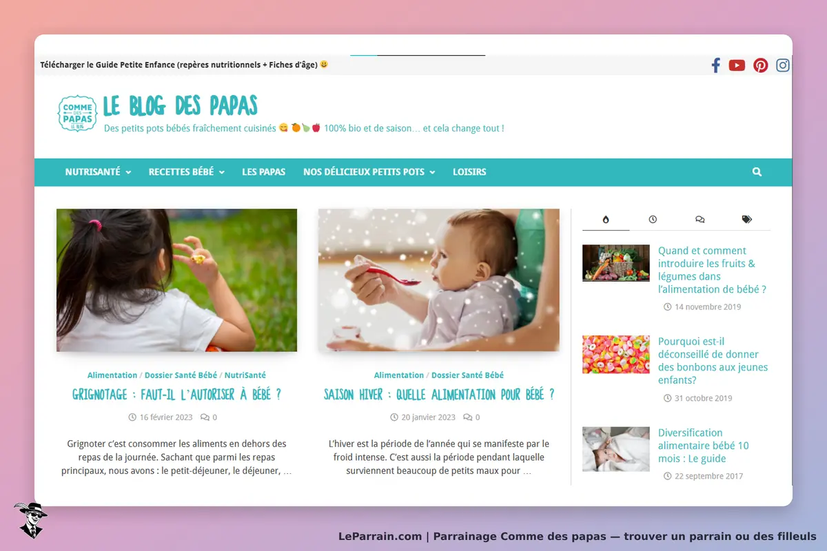Comme des papas : page d'accueil avec articles sur l'alimentation et la santé des bébés