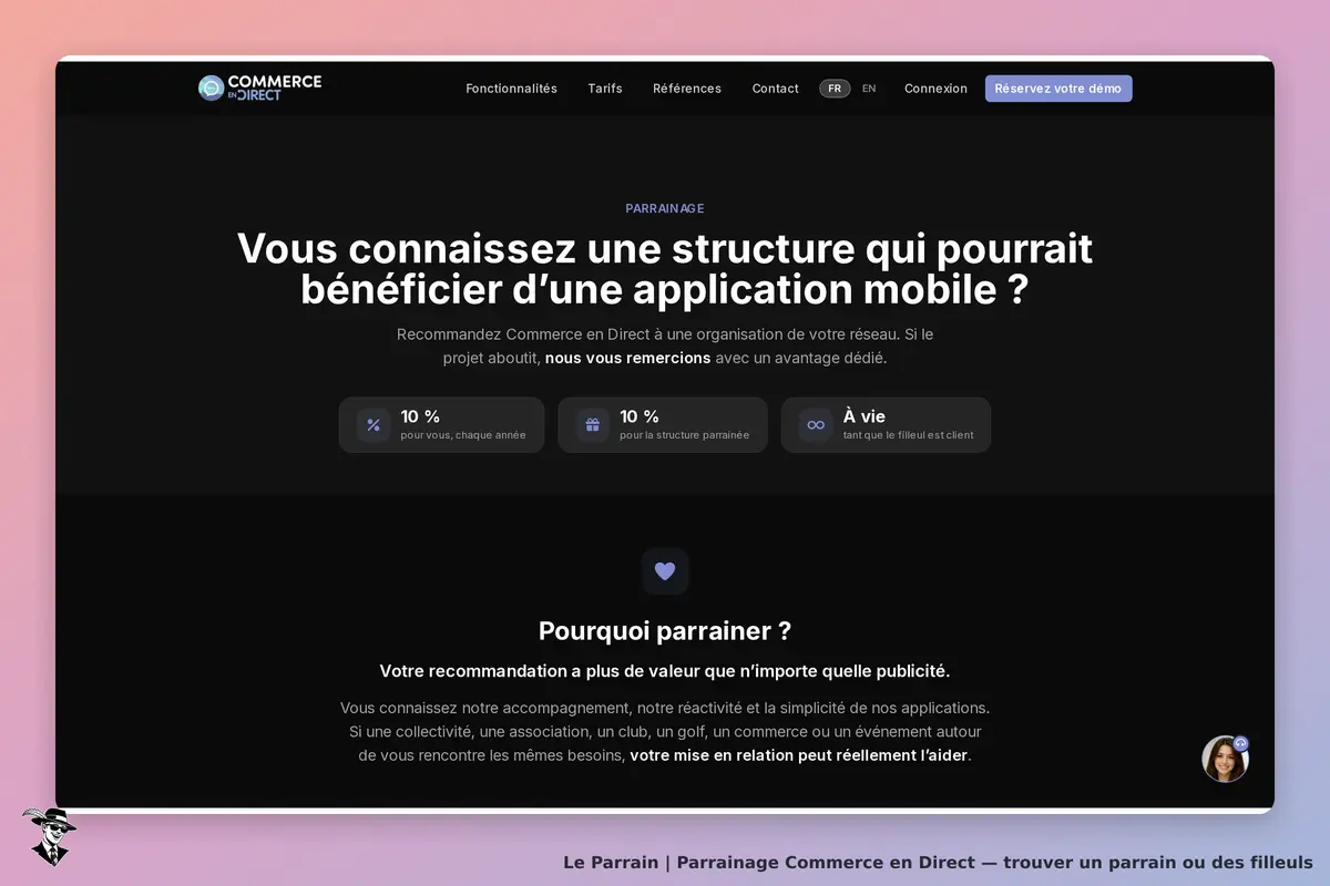 Page parrainage de Commerce en Direct
