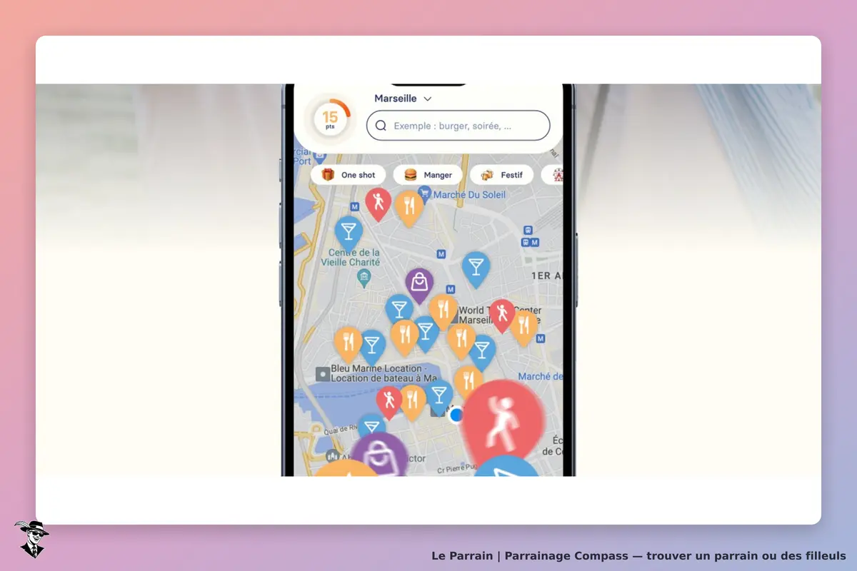 Compass : carte interactive de Marseille avec divers points d'intérêt et options de recherche