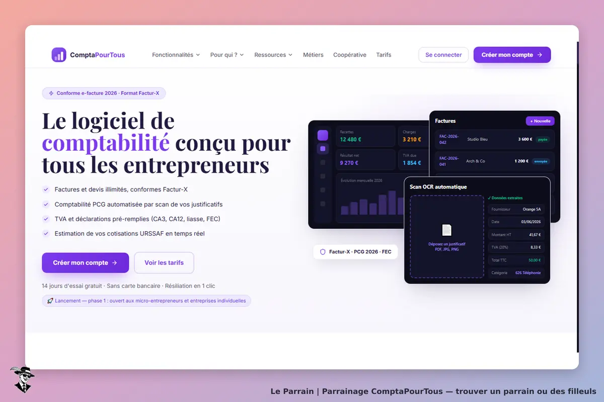 ComptaPourTous : page d'accueil présentant le logiciel de comptabilité pour entrepreneurs