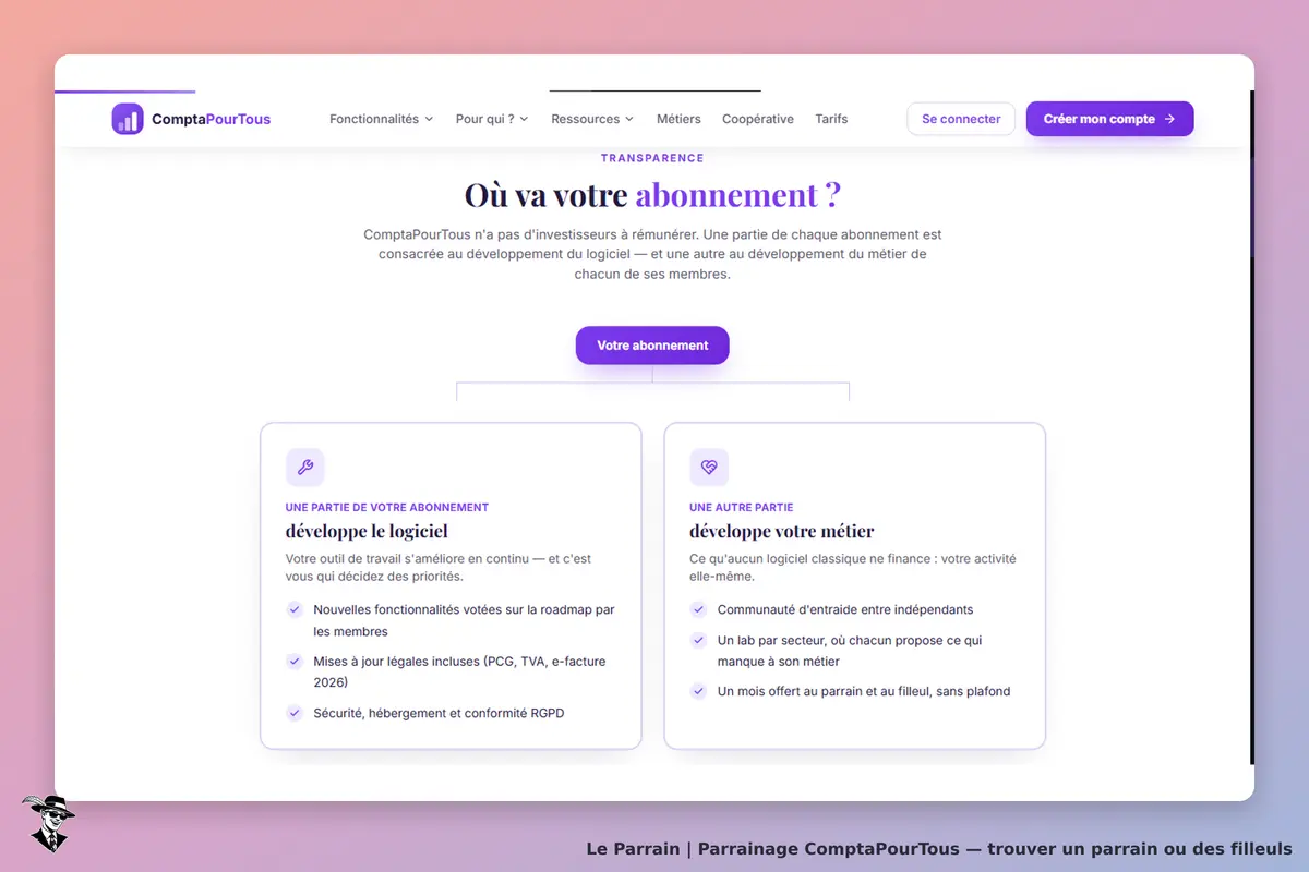 ComptaPourTous : page d'accueil présentant les avantages de l'abonnement et deux sections