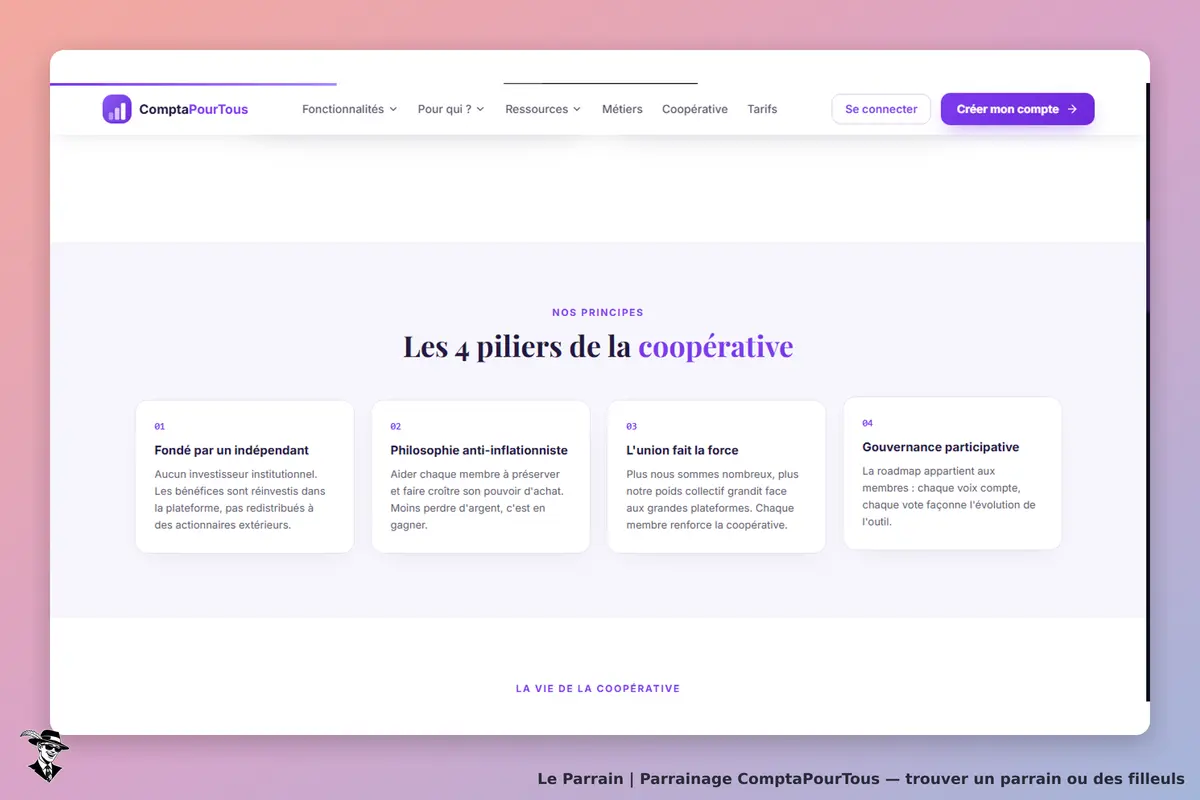 ComptaPourTous : présentation des quatre piliers de la coopérative sur la page d'accueil