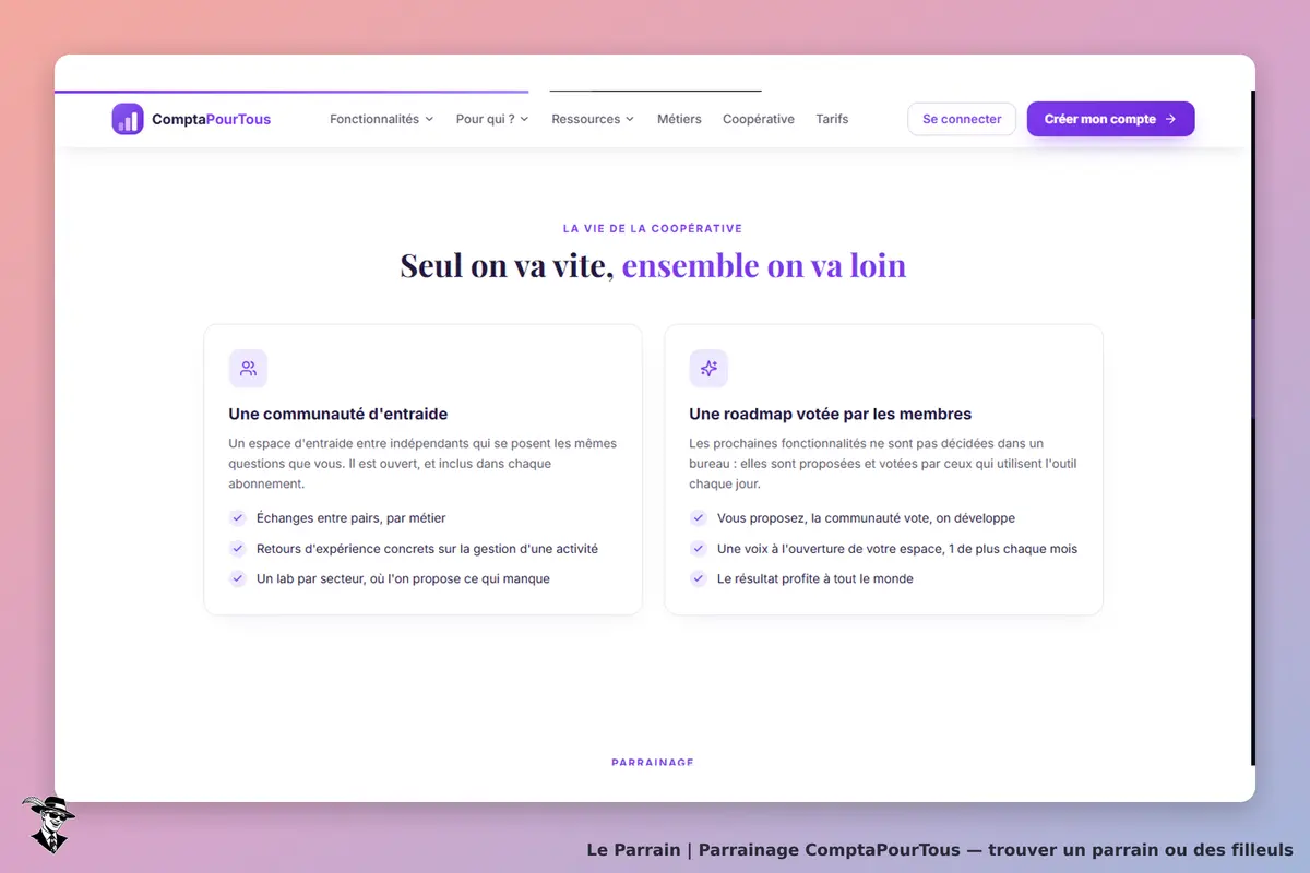 ComptaPourTous : page d'accueil présentant la communauté d'entraide et la roadmap des membres
