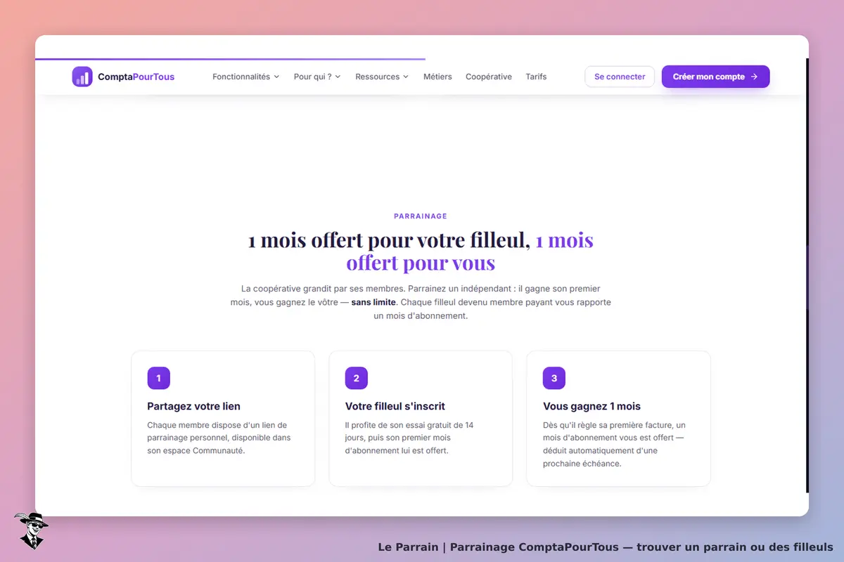 ComptaPourTous : page d'accueil sur le parrainage avec étapes et informations visibles