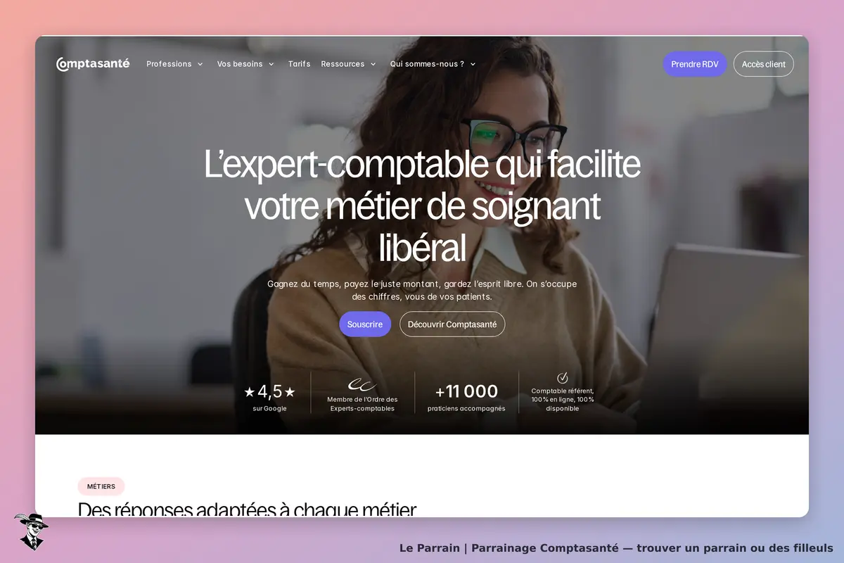 Comptasanté : page d'accueil avec un message sur l'expertise comptable pour soignants