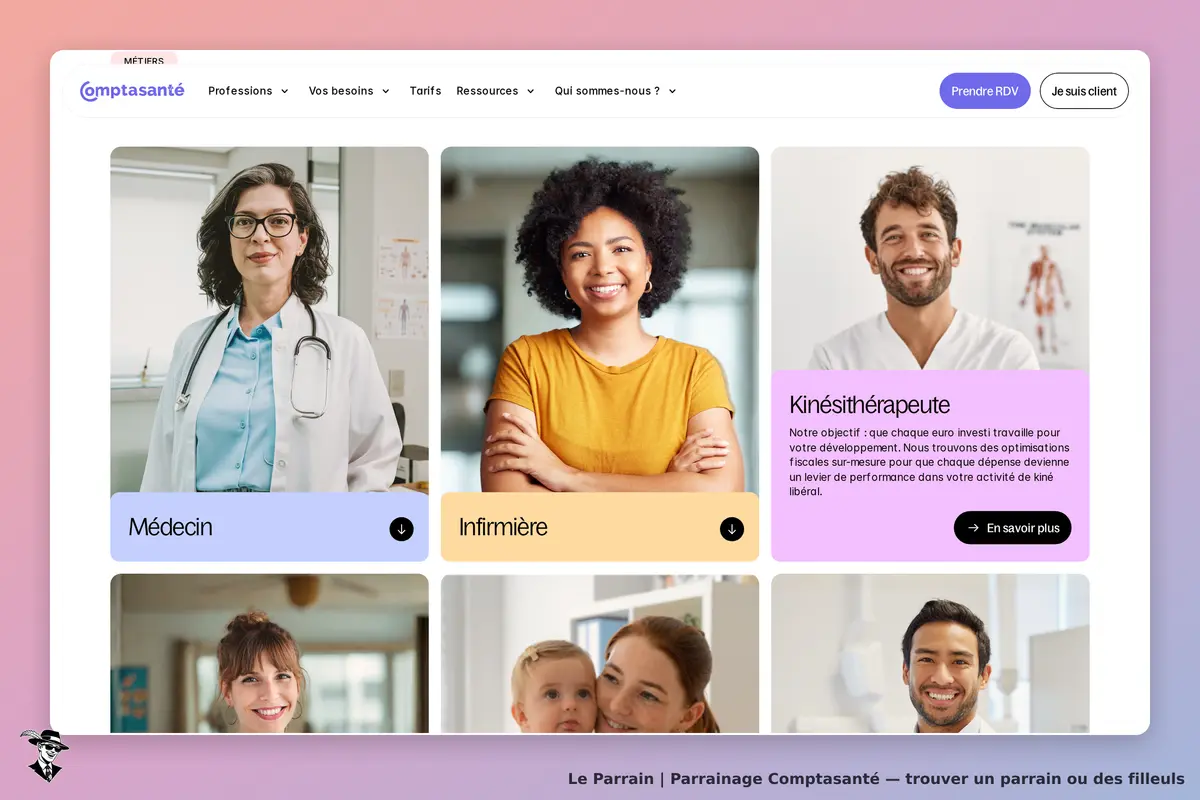 Comptasanté : page d'accueil avec professionnels de santé et descriptions de métiers affichées