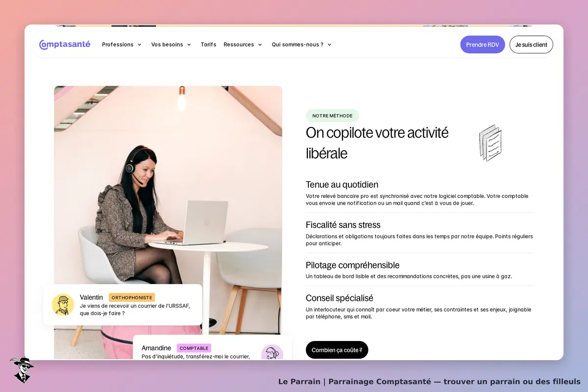 Comptasanté : femme avec un ordinateur, casque, et texte sur la gestion d'activités libérales