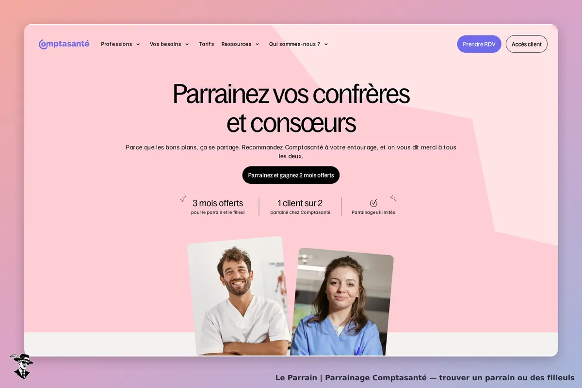 Comptasanté : page d'accueil avec titres et photos de professionnels de santé souriants
