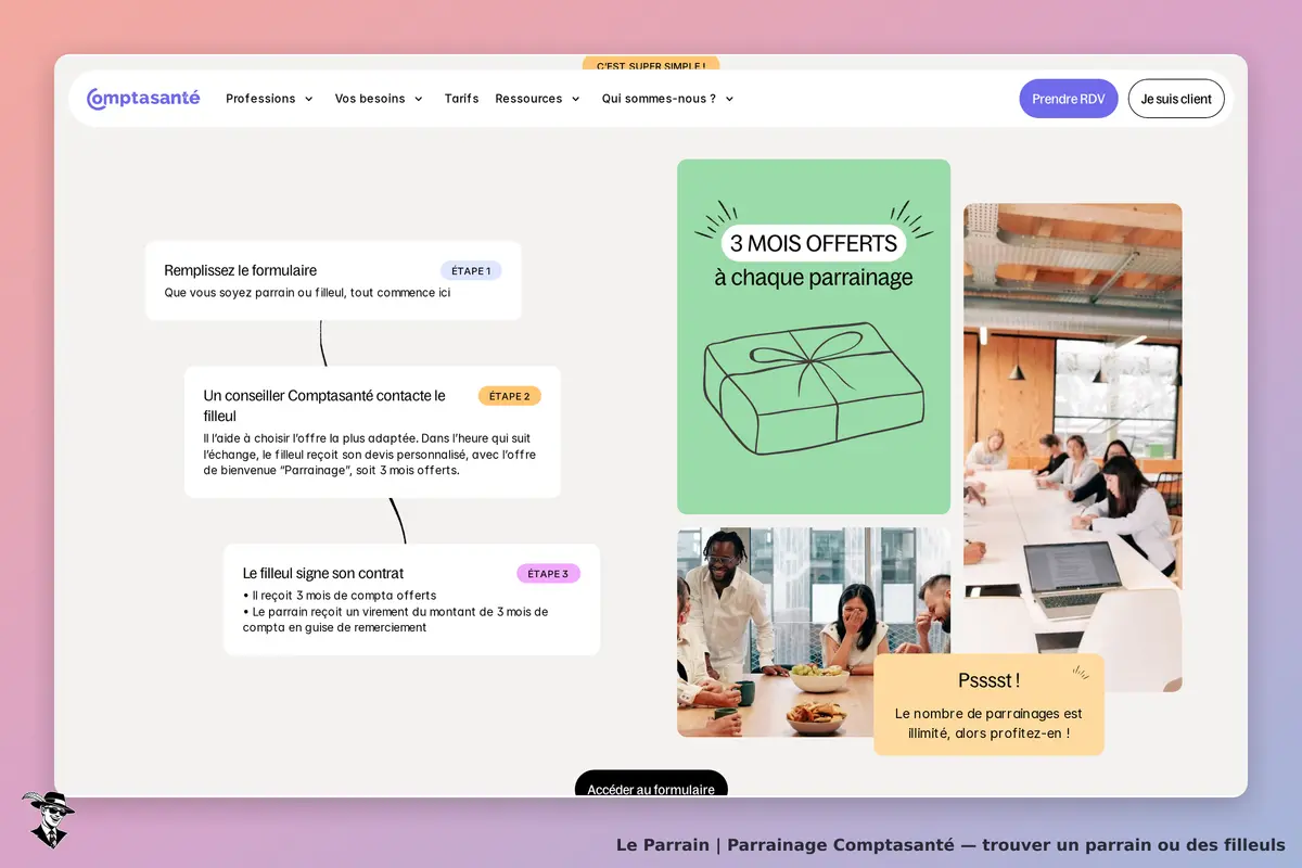 Comptasanté : étapes du parrainage avec un formulaire et une image d'un groupe en réunion