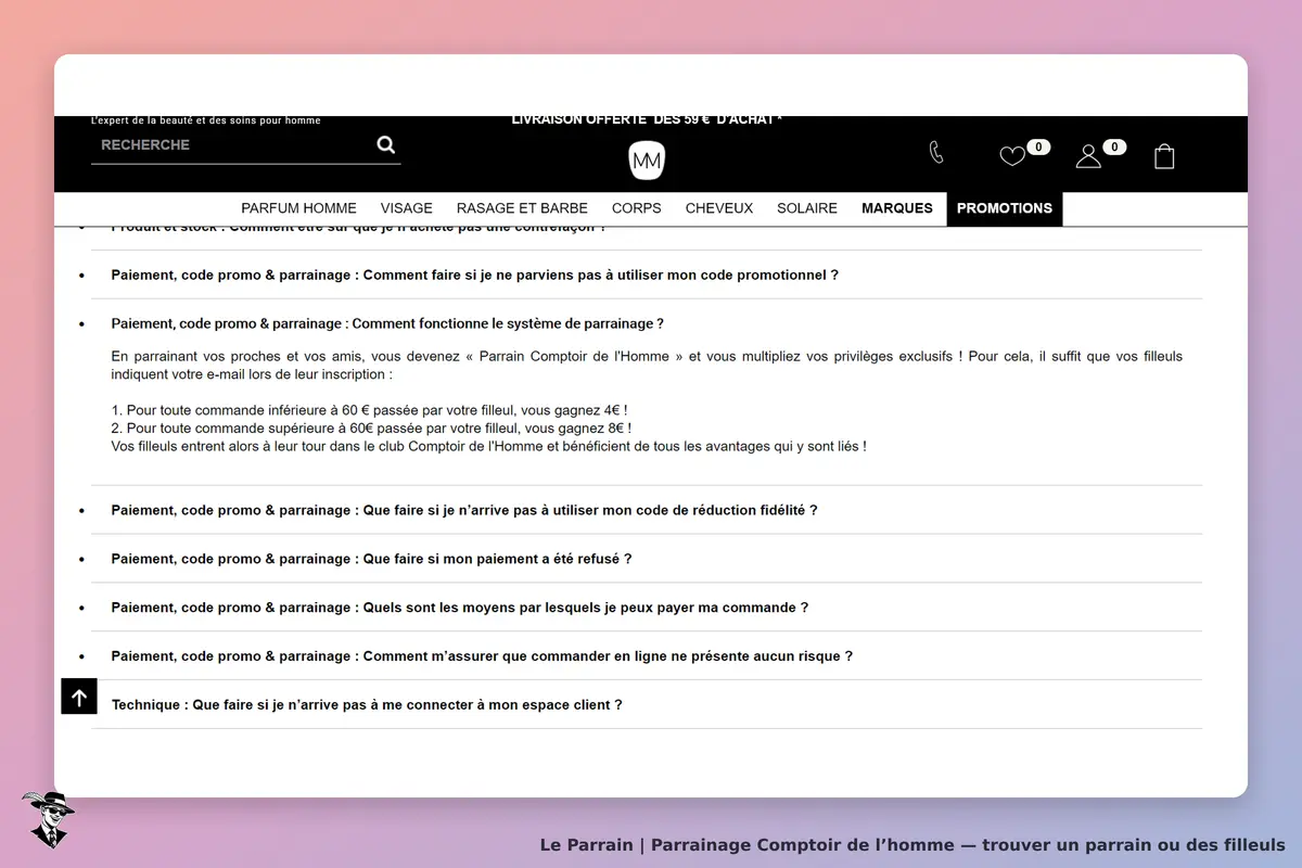 Comptoir de l’homme : comptoir de l'homme : section FAQ sur le parrainage et les codes