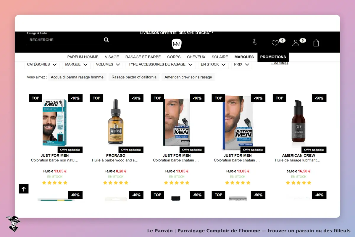 Comptoir de l’homme : page d'accueil avec produits pour le rasage et la barbe affichés