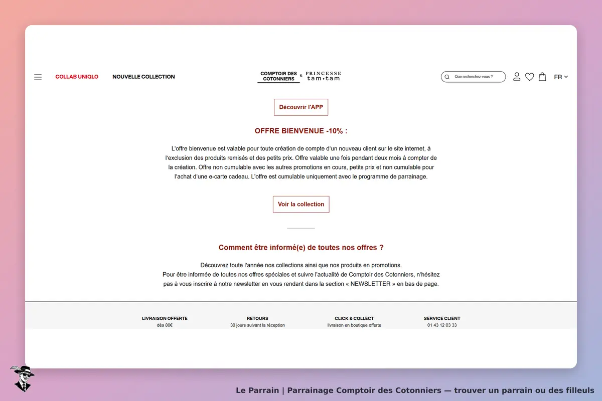 Comptoir des Cotonniers : page d'accueil avec informations sur l'offre et la newsletter