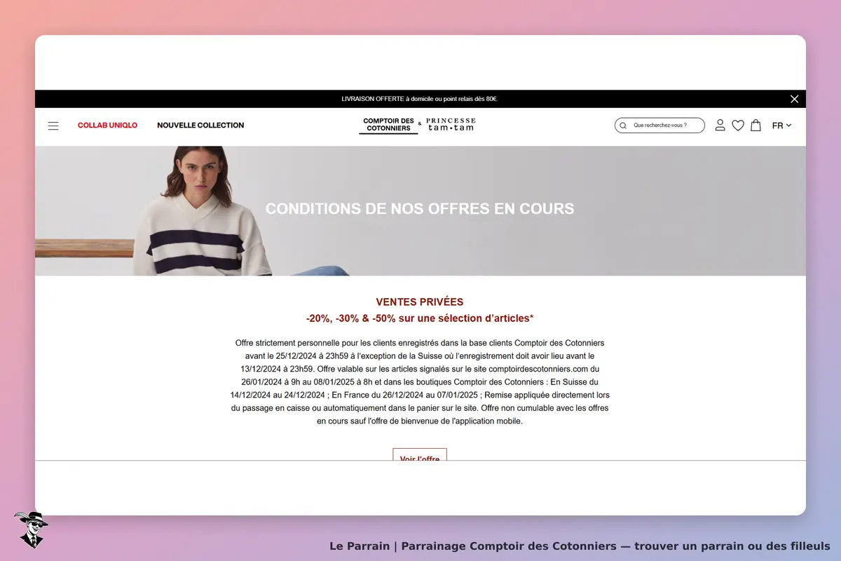 Comptoir des Cotonniers : page d'accueil avec conditions d'offres et modèle féminin en pull rayé