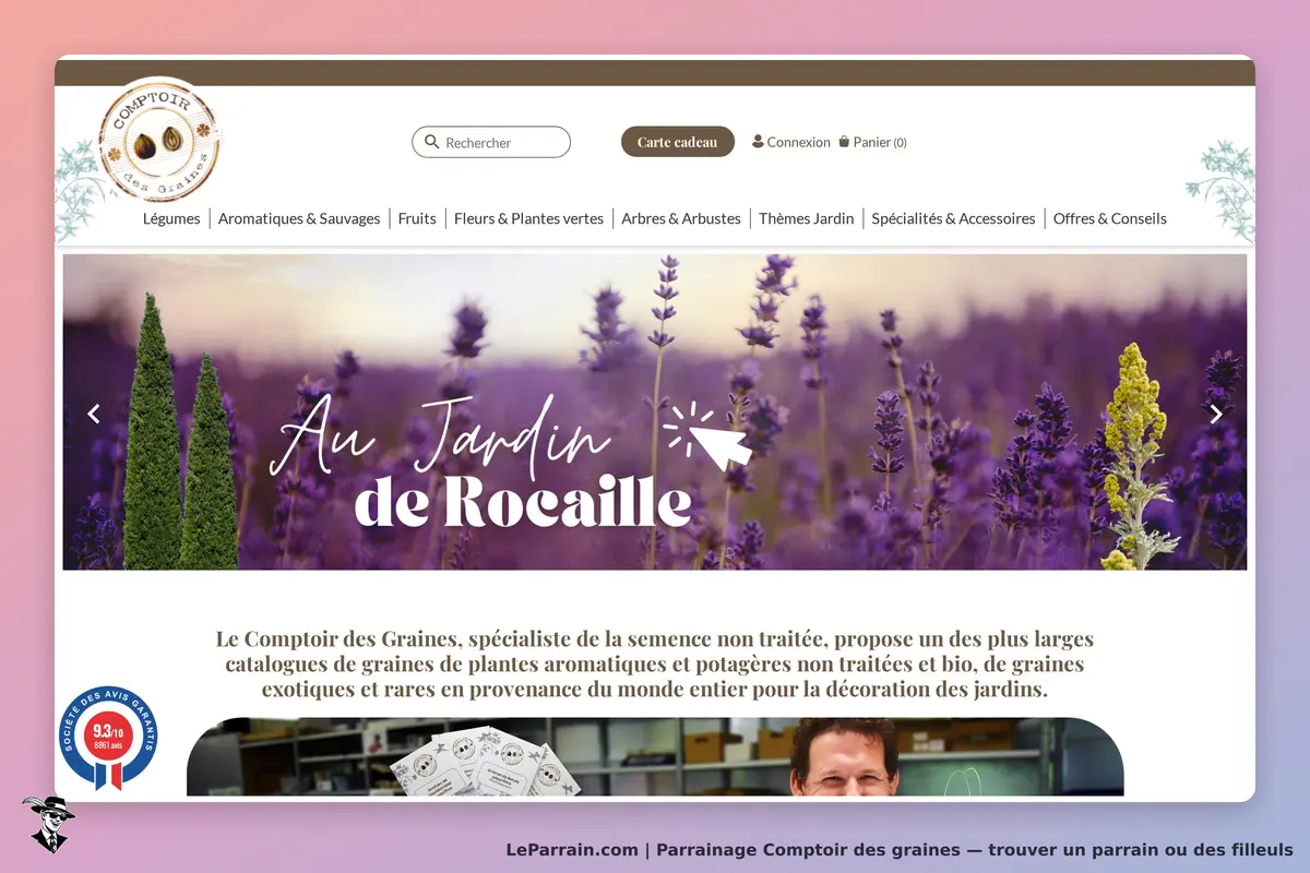 Comptoir des graines : page d'accueil avec un visuel de plantes et texte sur les graines proposées