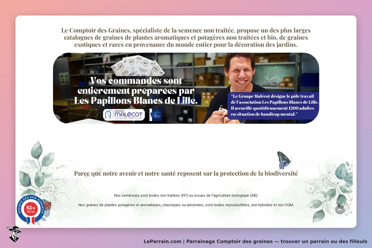 Comptoir des Graines : page d'accueil avec un homme souriant et des informations sur les graines