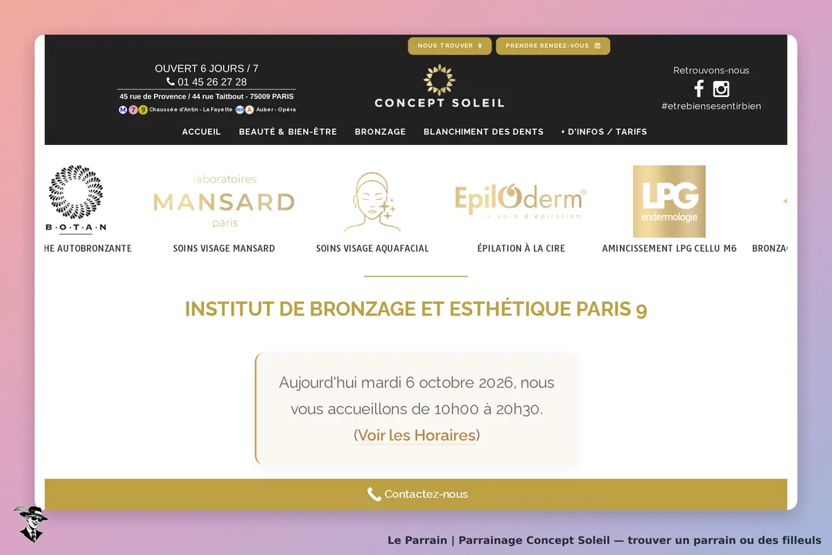 Concept Soleil : page d'accueil avec services de bronzage et esthétique, horaires d'ouverture