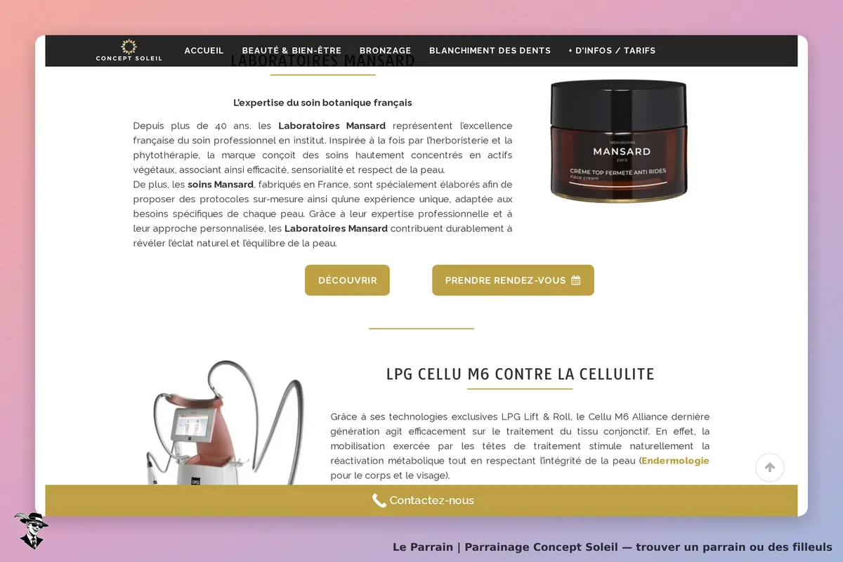 Concept Soleil : page d'accueil présentant les Laboratoires Mansard et un produit de soin