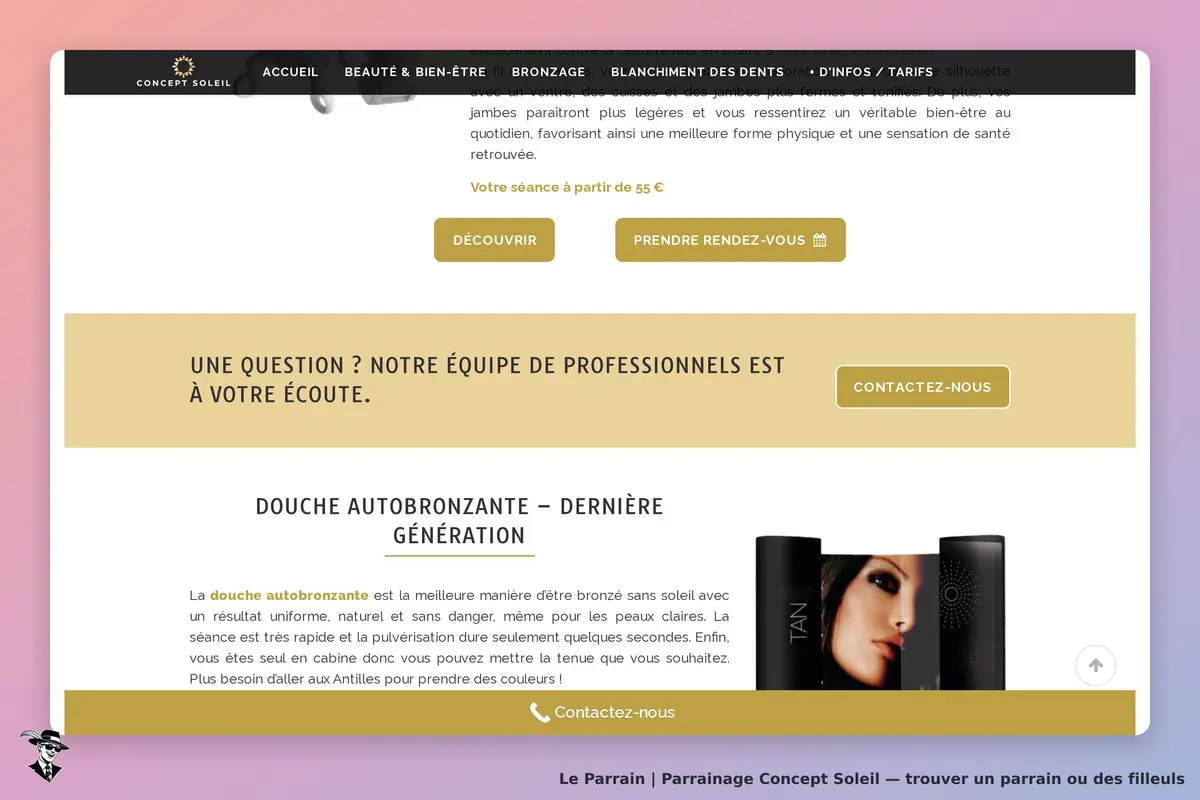 Concept Soleil : page d'accueil avec informations sur la douche autobronzante et contact