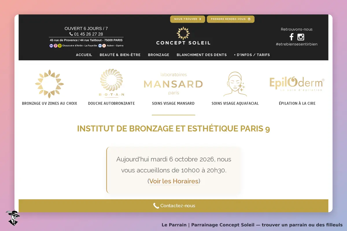 Concept Soleil : page d'accueil avec services de bronzage et soins esthétiques affichés