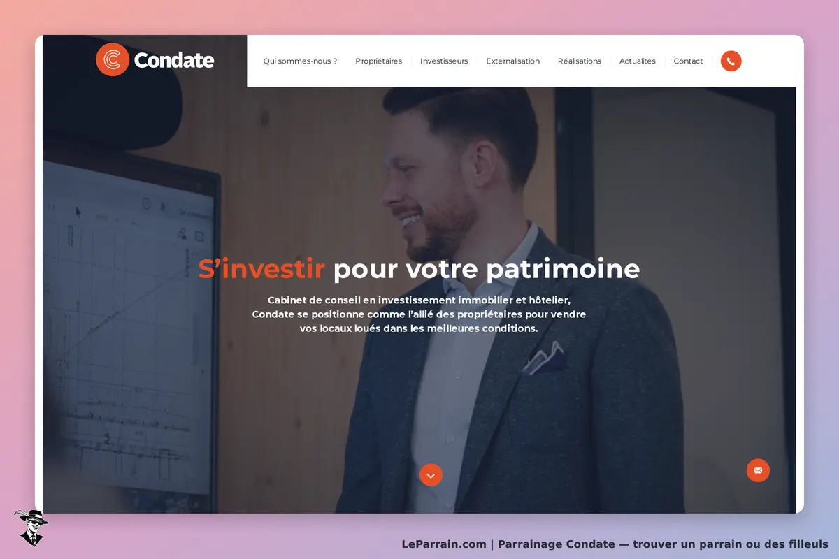 Condate : page d'accueil avec un homme souriant et un message sur l'investissement patrimonial