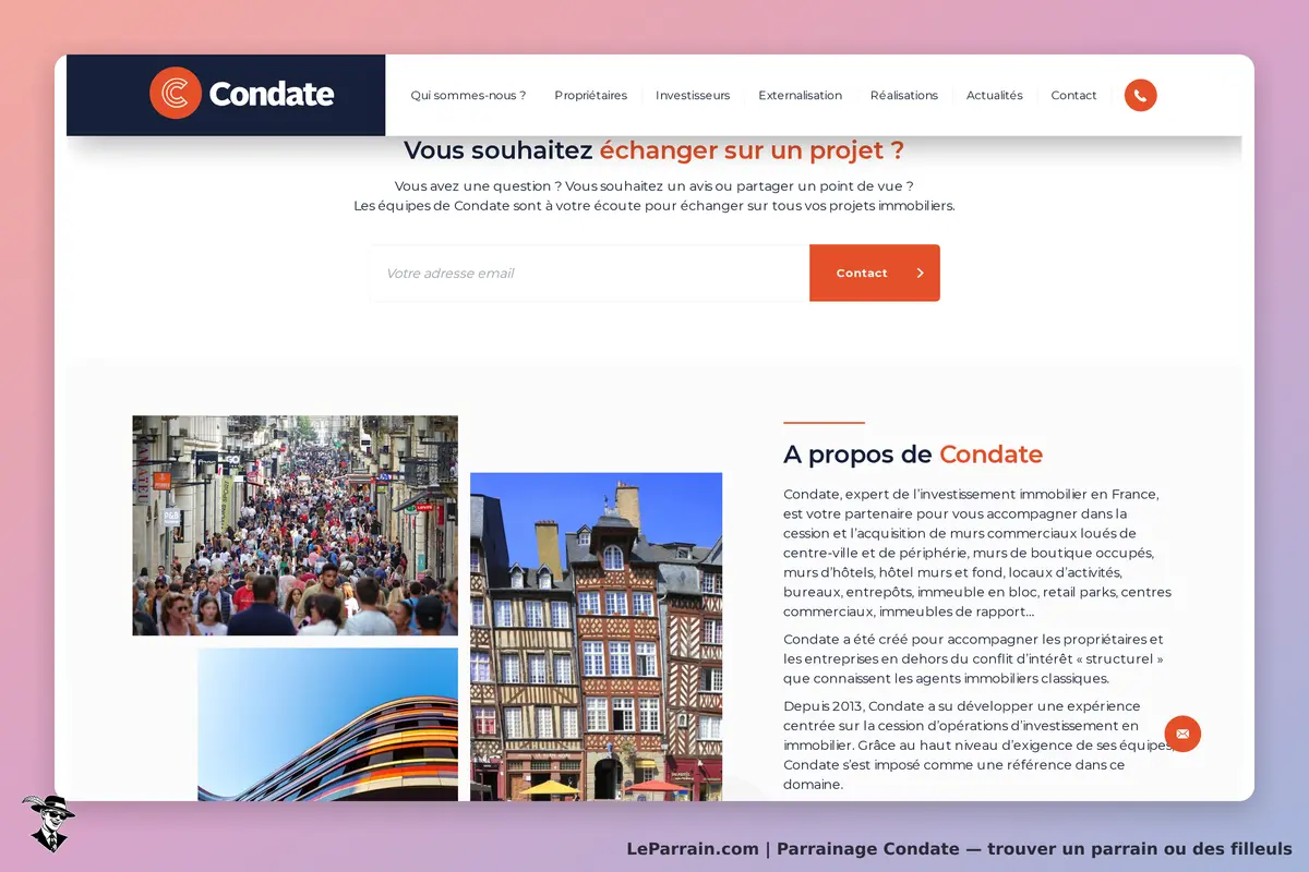 Condate : page d'accueil avec formulaire de contact et images de villes et bâtiments