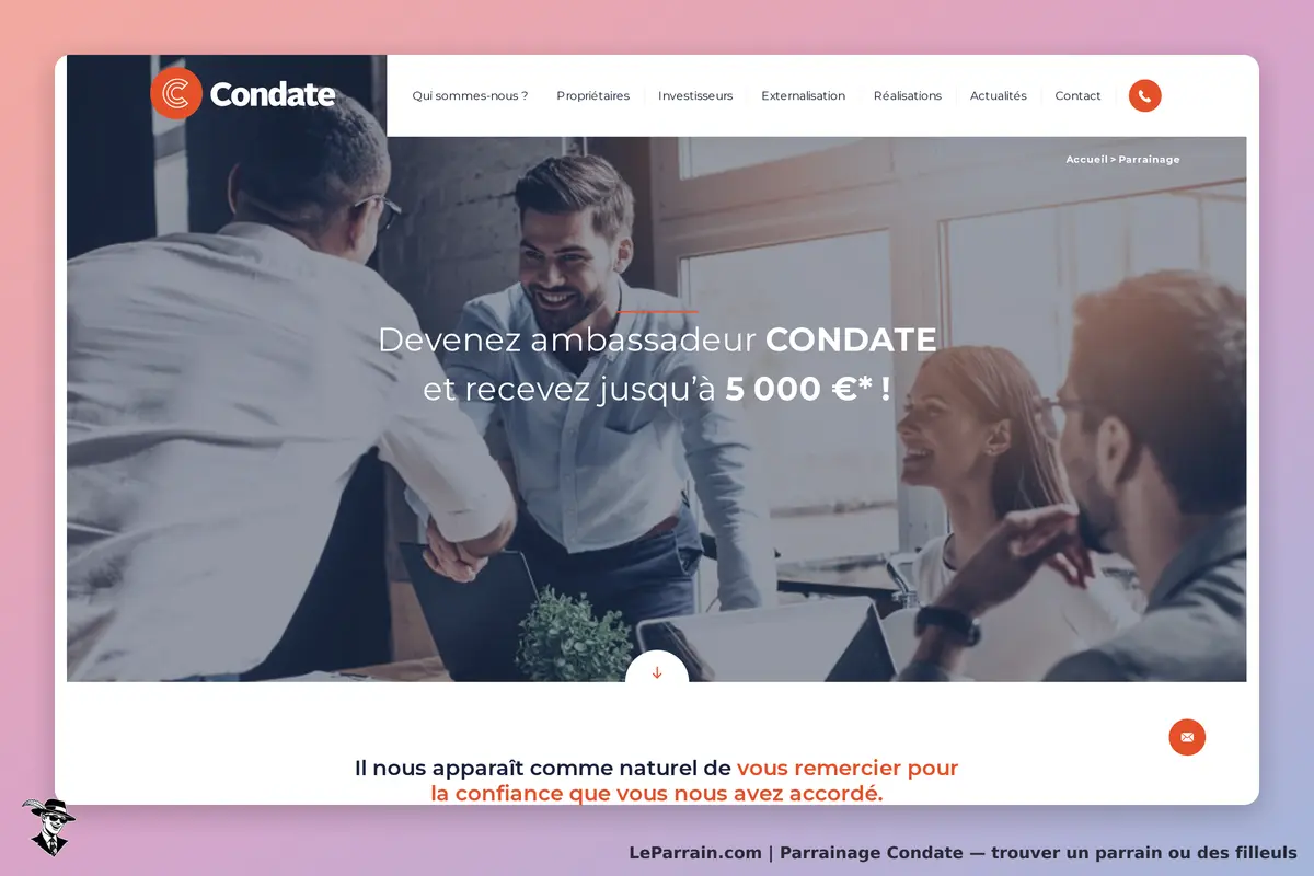 Condate : page d'accueil avec des personnes discutant autour d'une table, ambiance professionnelle
