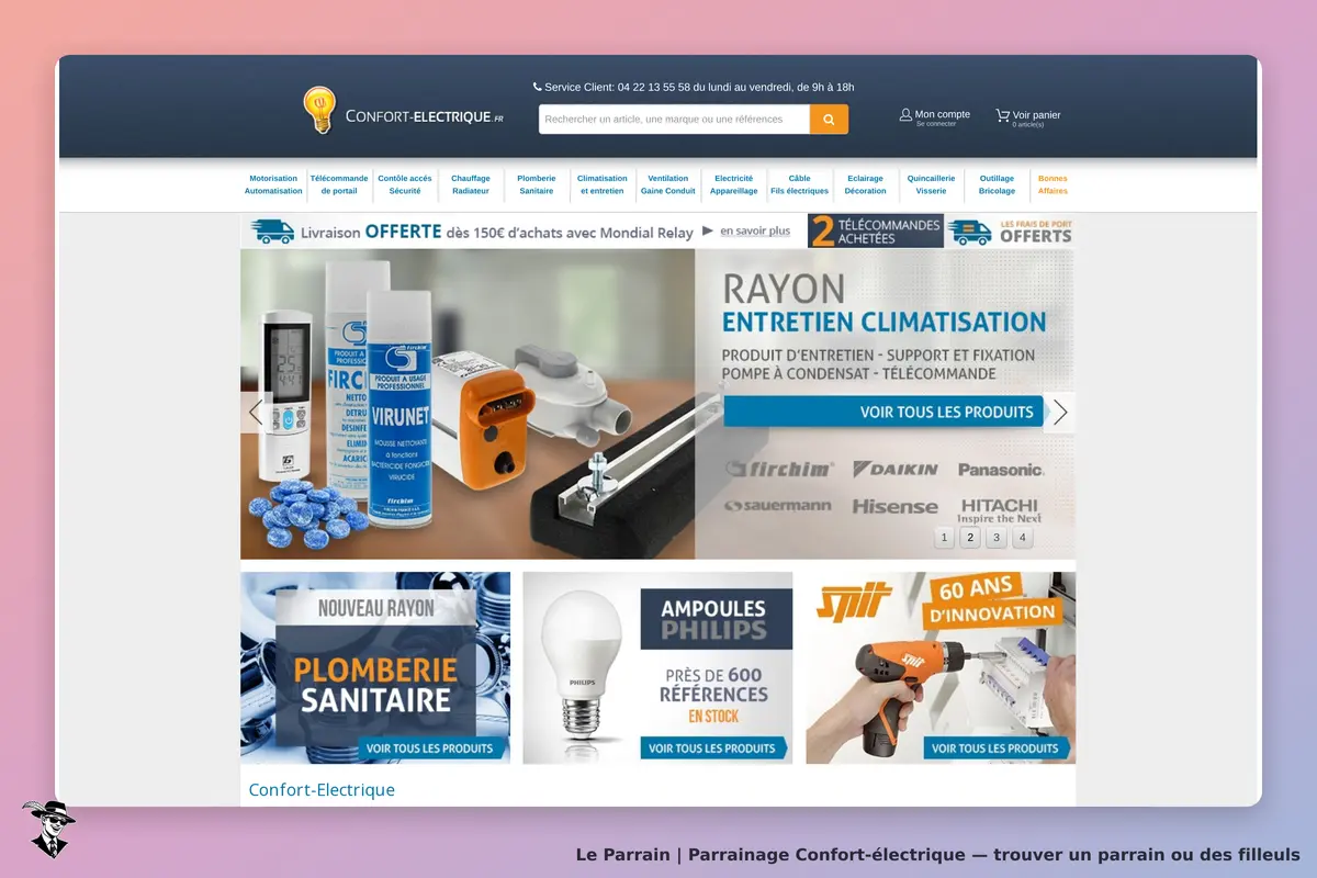 Confort-électrique : page d'accueil avec produits d'entretien et nouvelles catégories visibles
