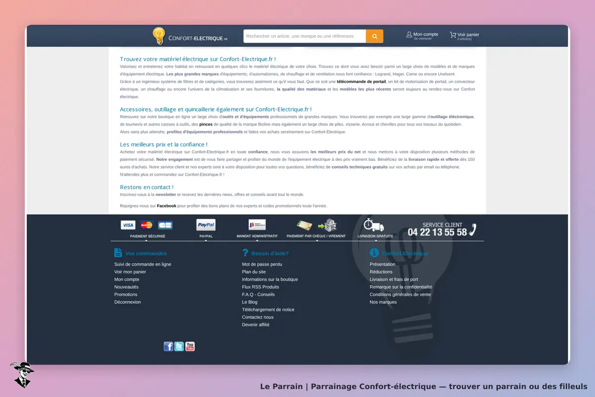 Confort-électrique : page d'accueil présentant des services et options de matériel électrique