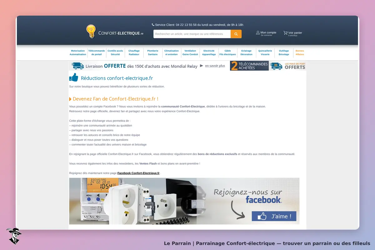 Confort-électrique : page d'accueil avec invitation à rejoindre la communauté et divers produits