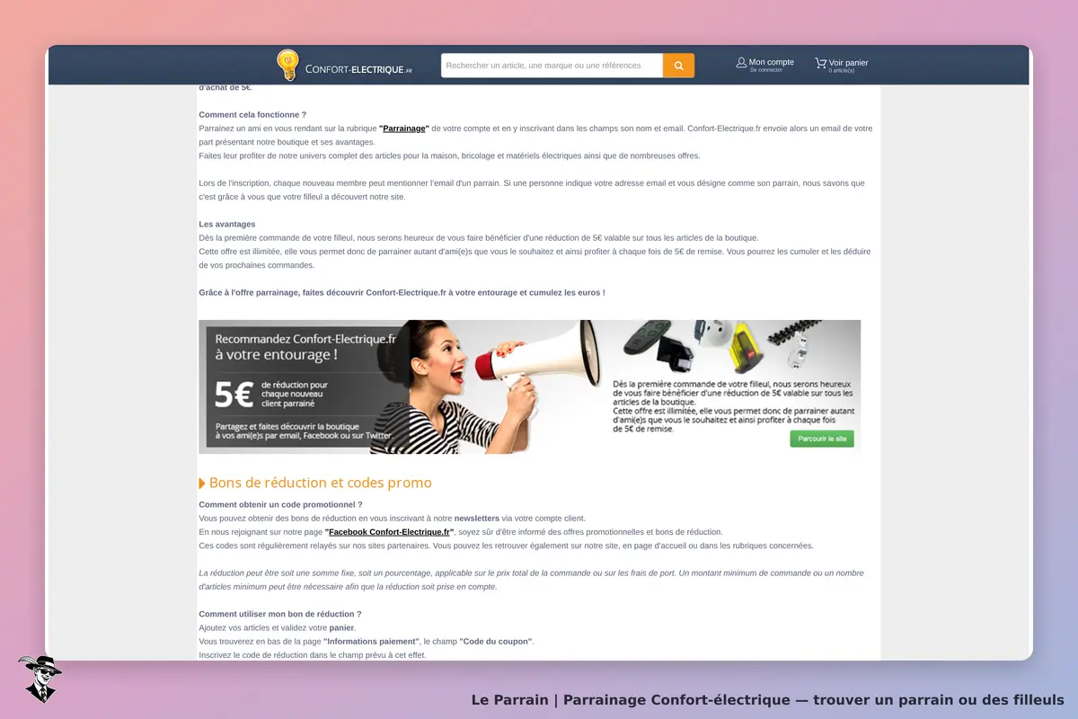 Confort-électrique : section sur le parrainage avec une image et des explications sur les avantages
