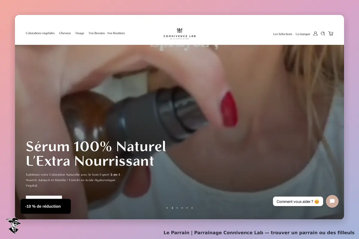 Connivence Lab : page d'accueil présentant un sérum naturel et une personne l'appliquant