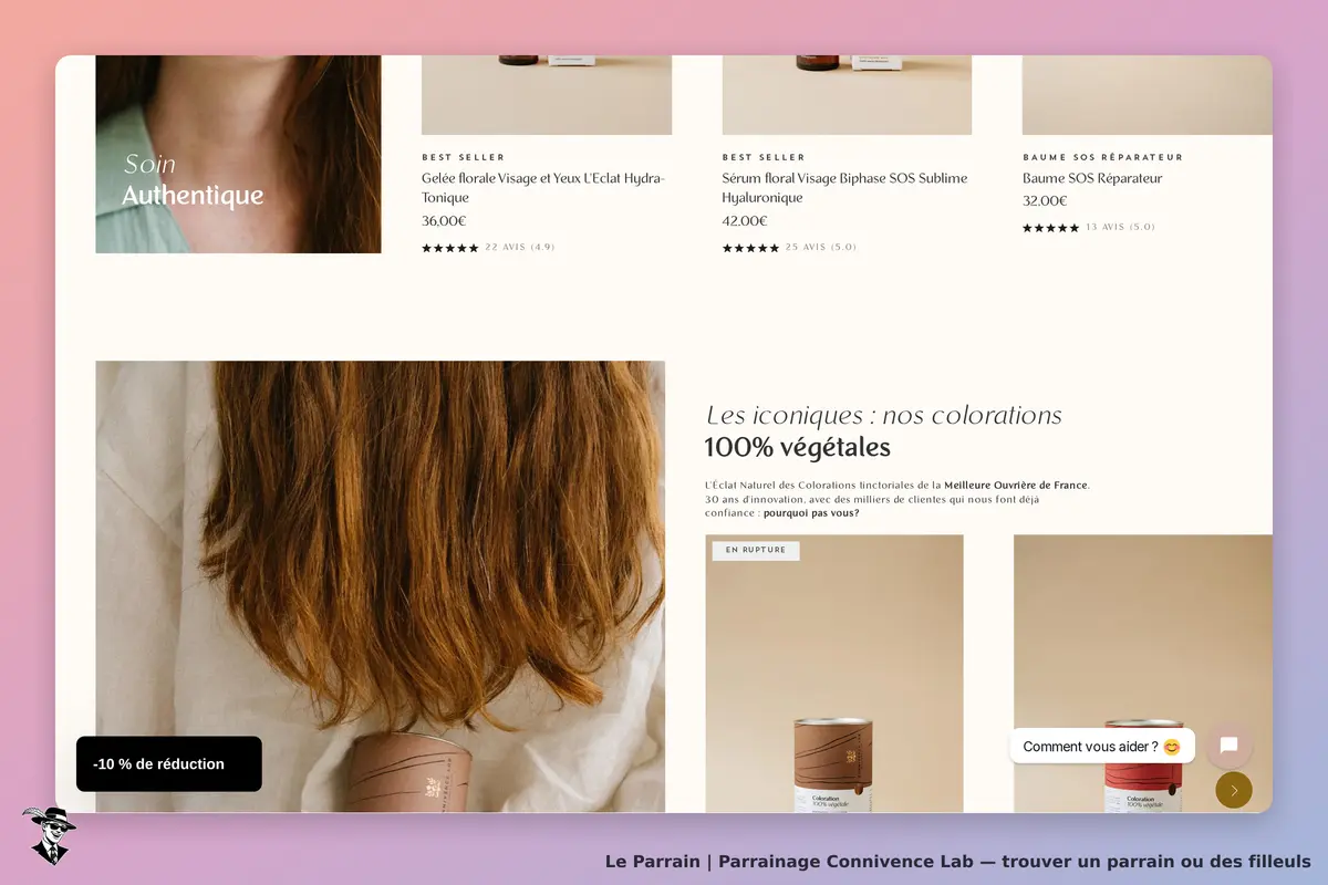 Connivence Lab : page d'accueil présentant des soins et colorations capillaires végétales