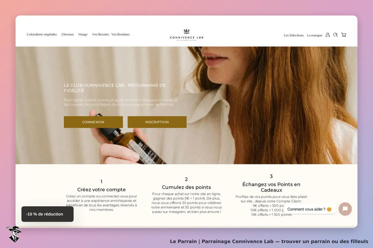 Connivence Lab : page d'accueil avec texte sur le programme de fidélité et boutons de connexion