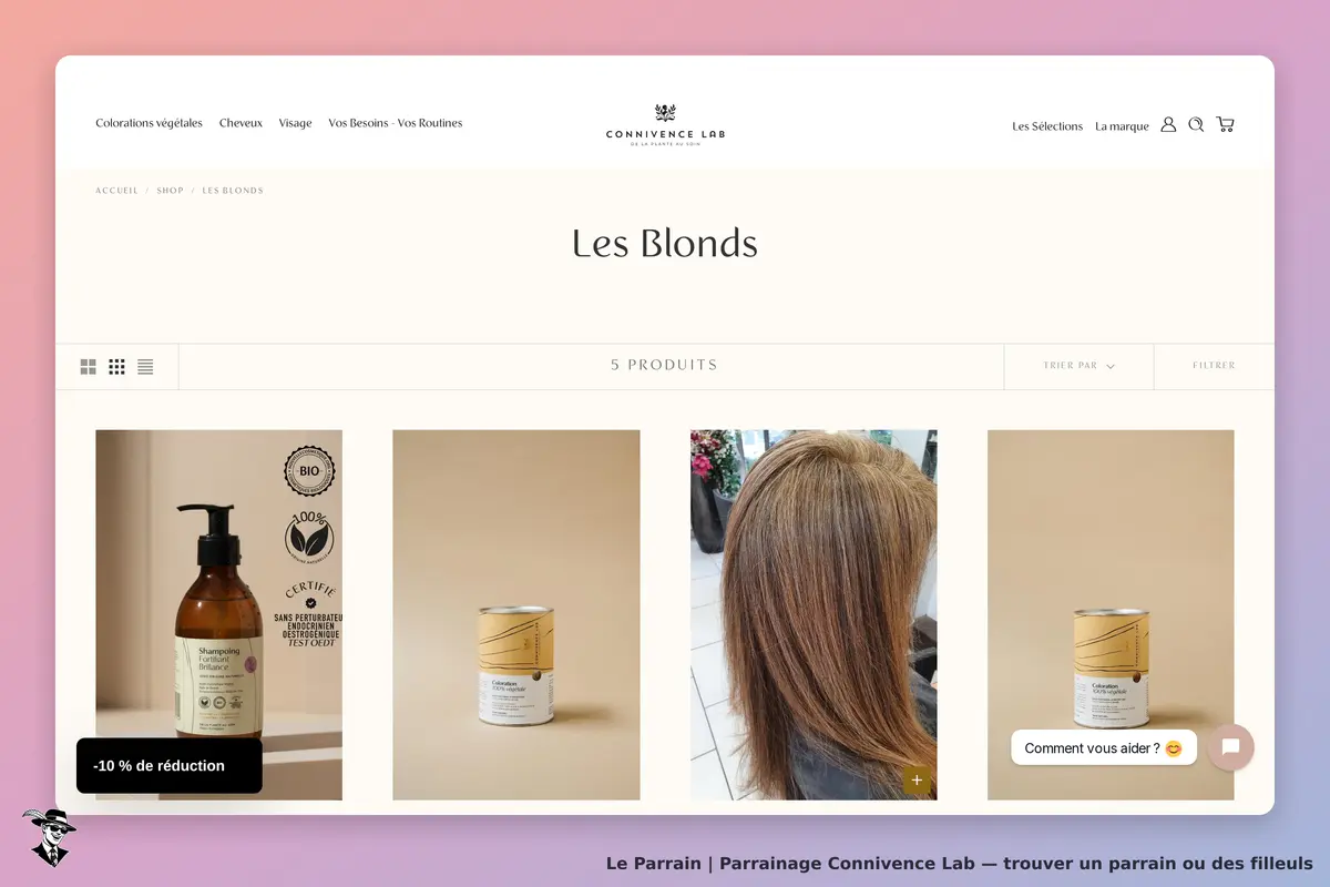 Connivence Lab : page catégorie "Les Blonds" affichant 5 produits et une photo de cheveux