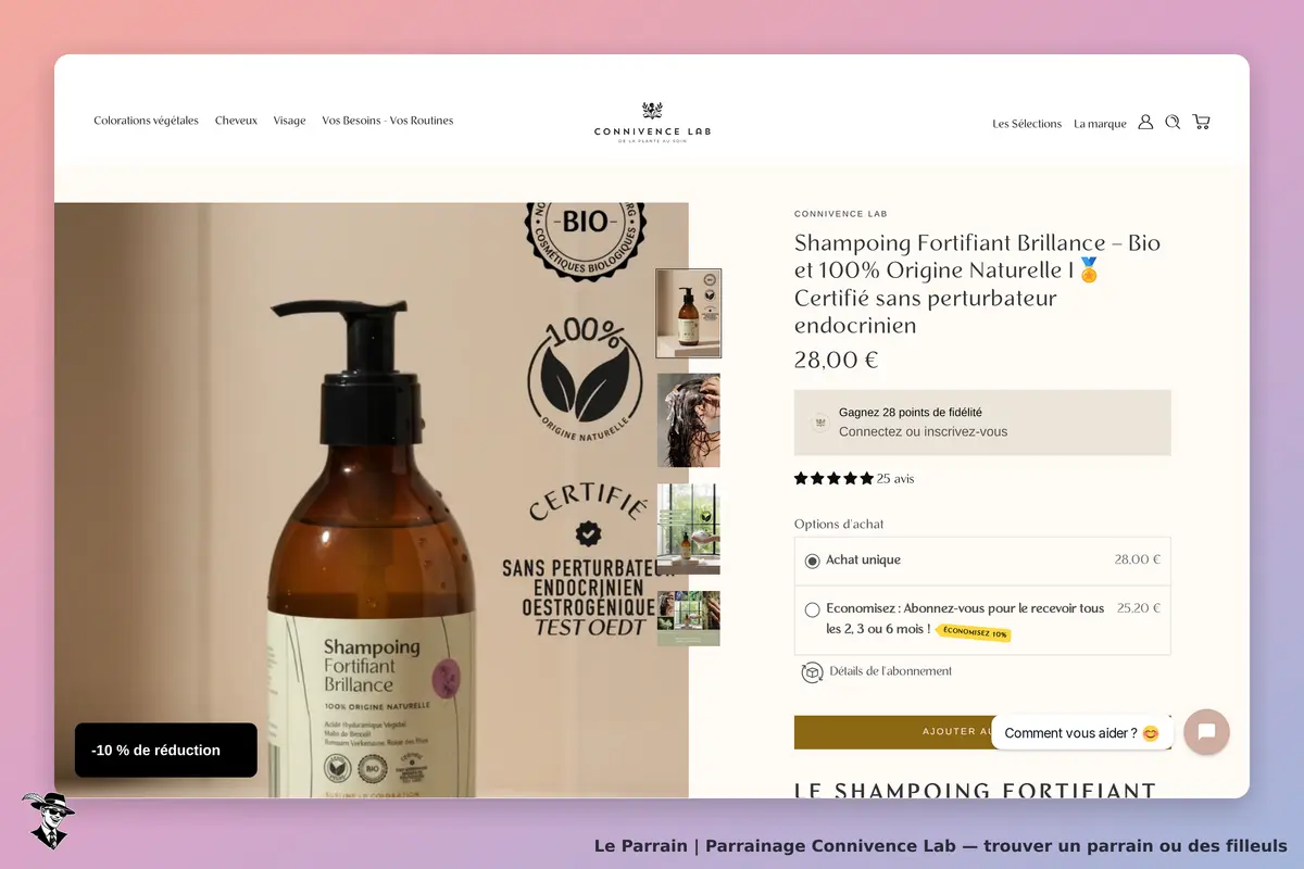 Connivence Lab : affichage du shampoing fortifiant avec options d'achat et avis clients