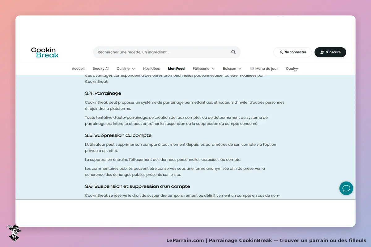 CookinBreak : section sur le parrainage et la gestion des comptes utilisateur