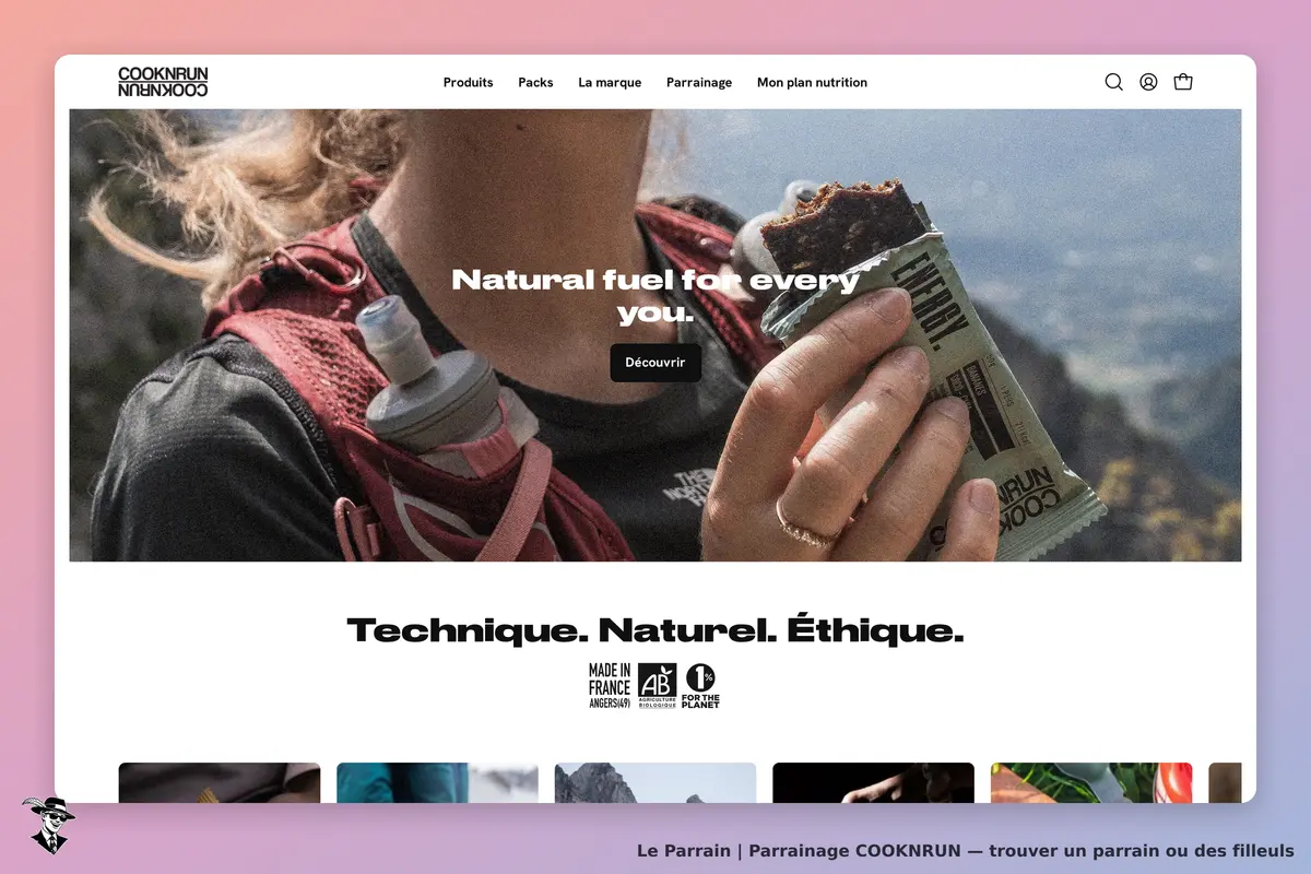 COOKNRUN : page d'accueil avec un sportif tenant une barre énergétique en pleine nature
