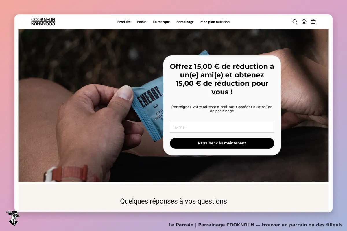 COOKNRUN : un formulaire de parrainage avec un encadré et une barre énergétique en main