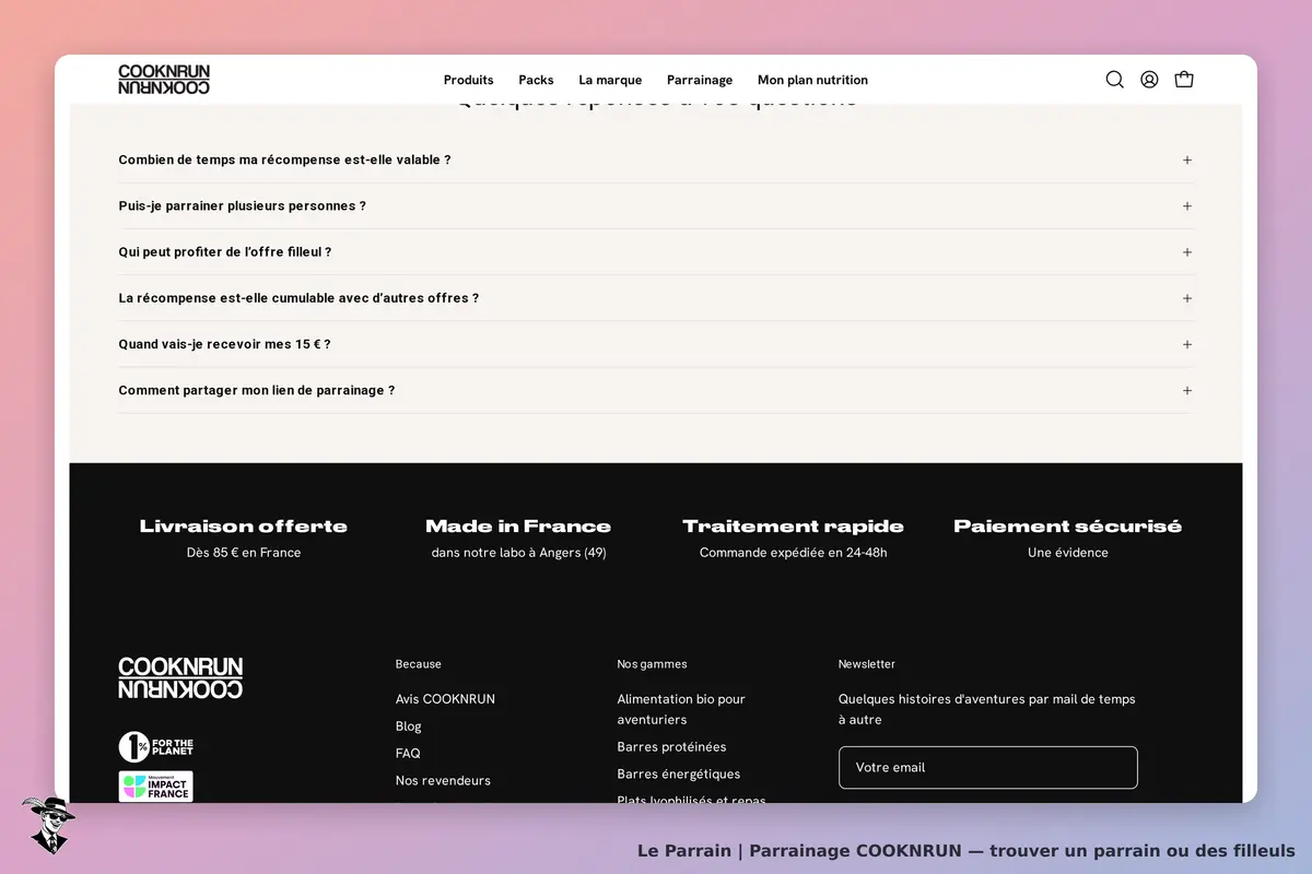 COOKNRUN : section FAQ avec questions sur le parrainage et informations en bas de page