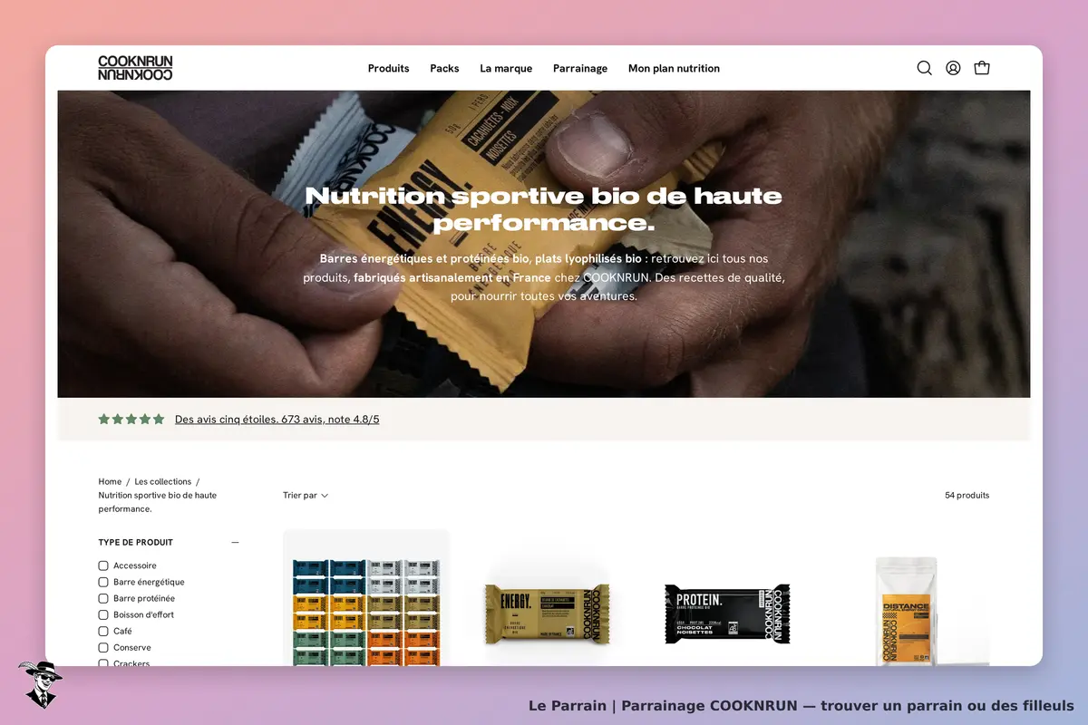 COOKNRUN : page d'accueil présentant des produits de nutrition sportive bio et des avis clients