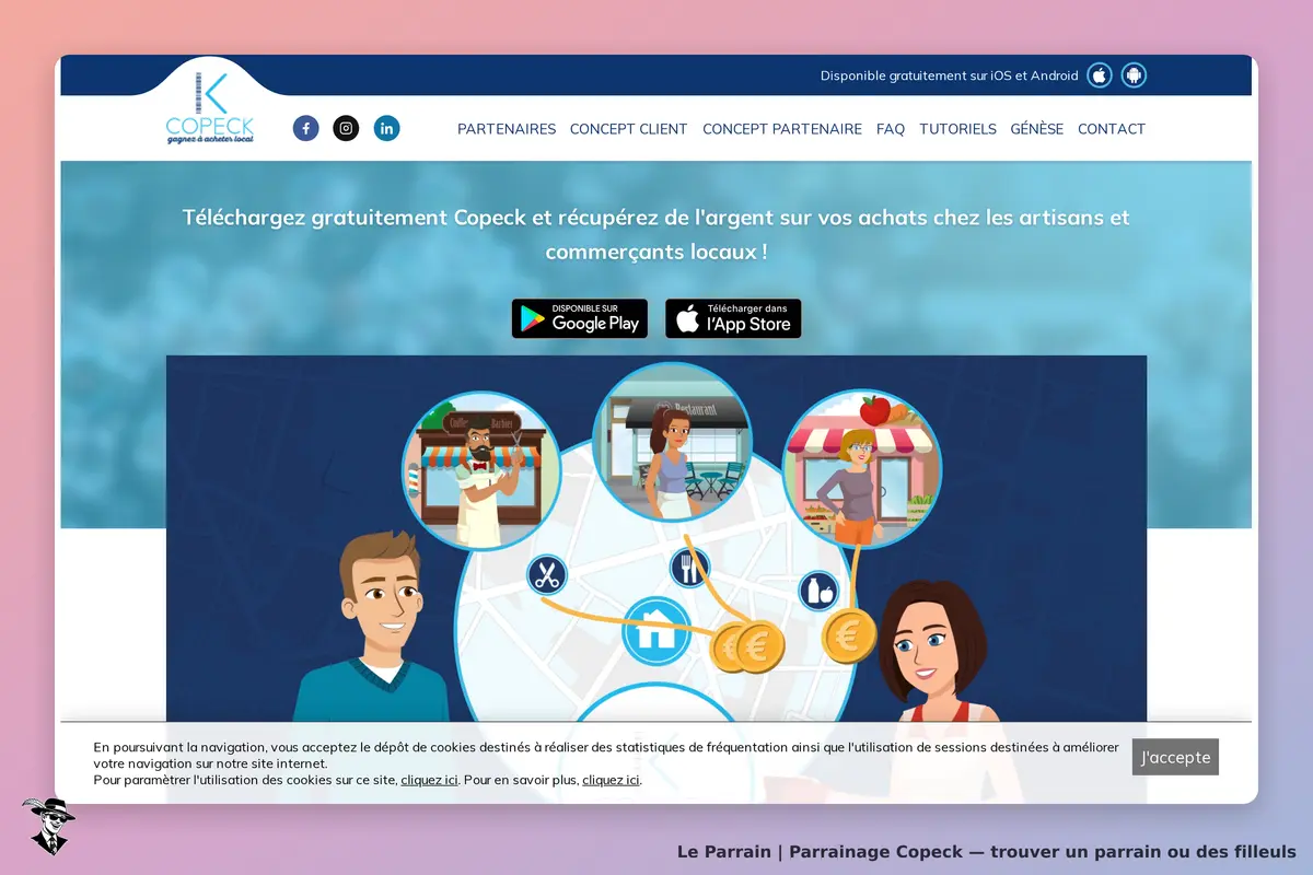 Copeck : page d'accueil avec personnages et icônes représentant des commerces locaux