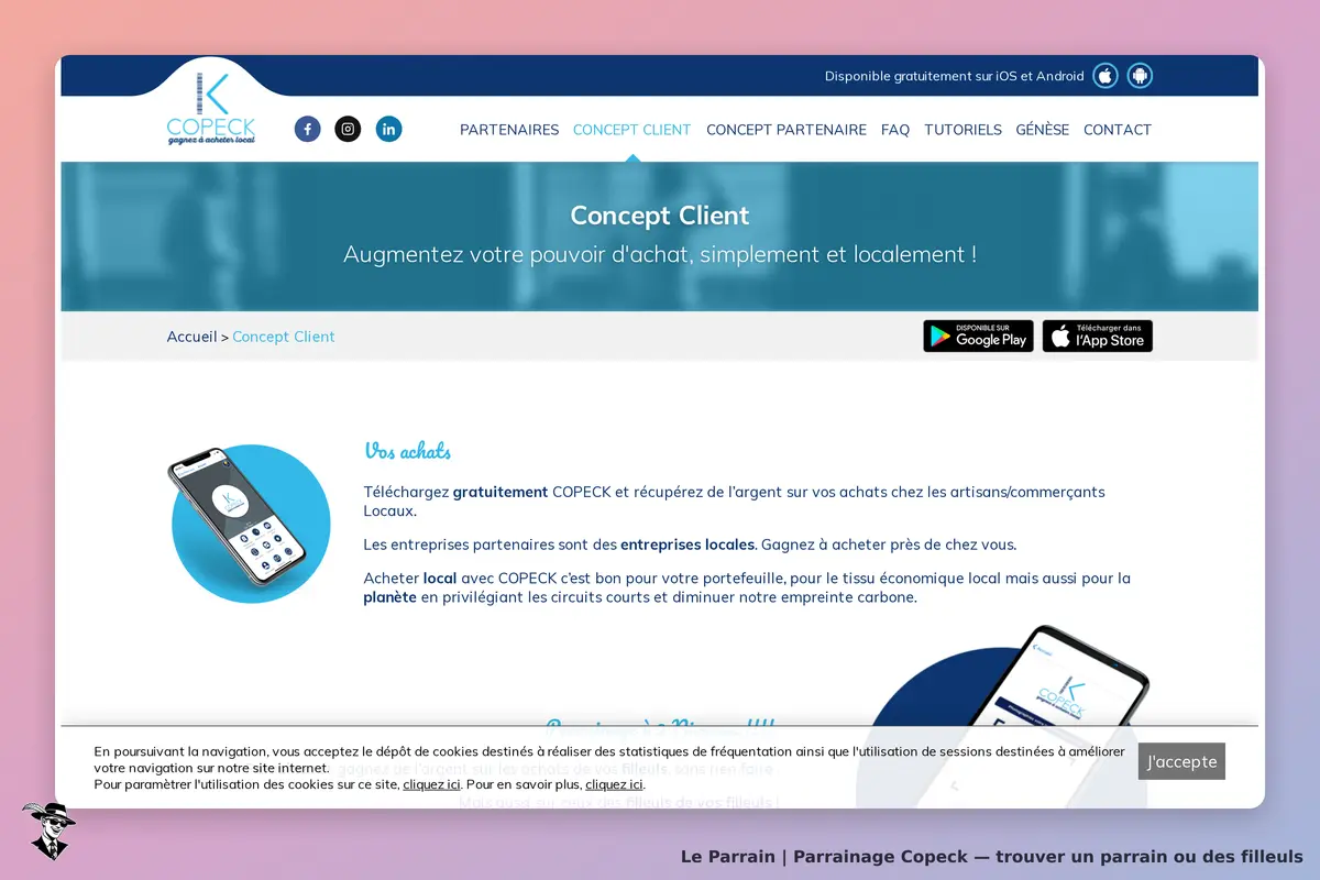Copeck : page d'accueil avec présentation du concept client et image d'un smartphone