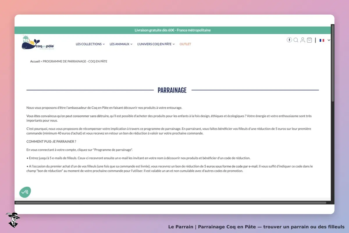 Programme de parrainage Coq en Pâte : réduction de 5 euros dès 40 euros et conditions du bon parrain