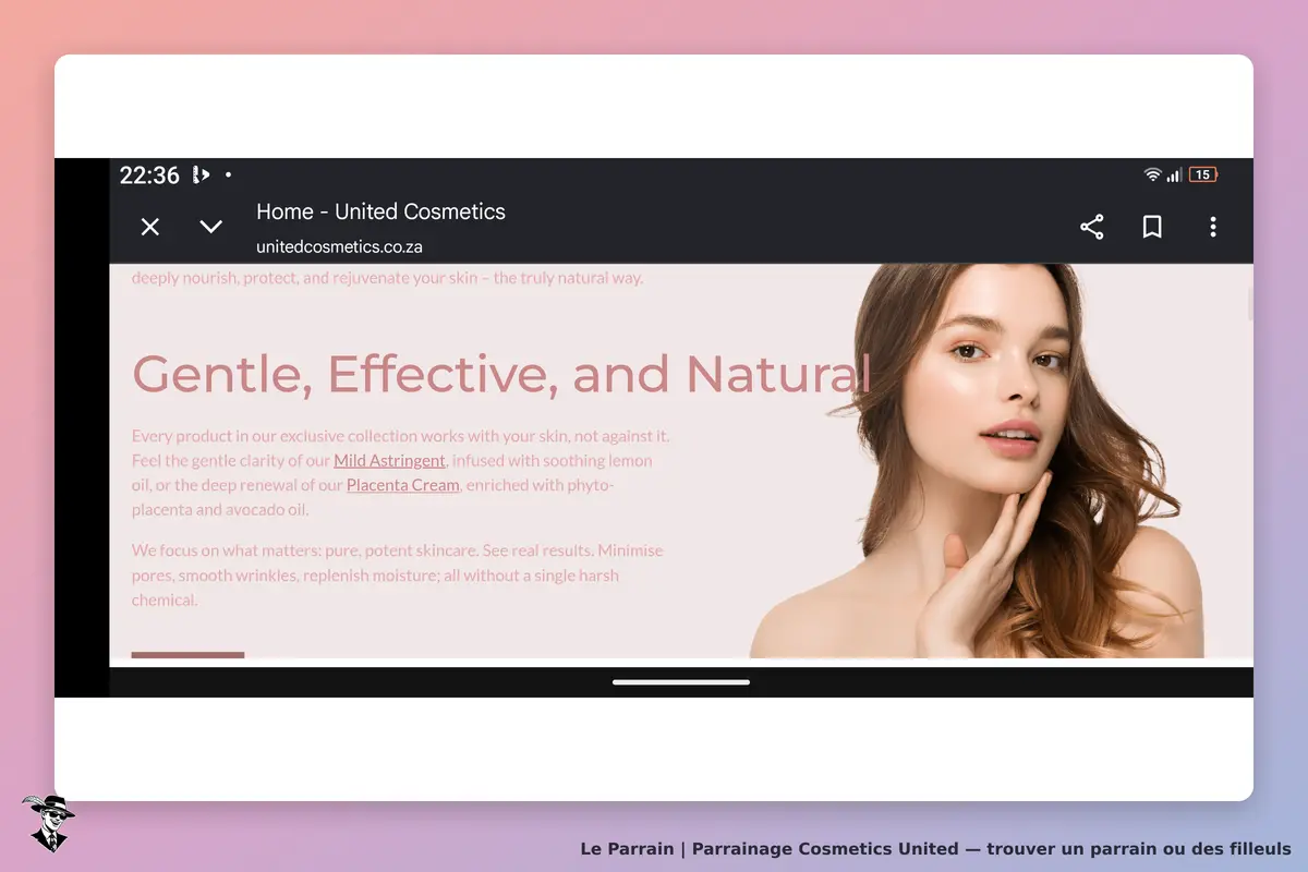 Cosmetics United : page d'accueil avec un modèle féminin et un texte sur les soins de la peau