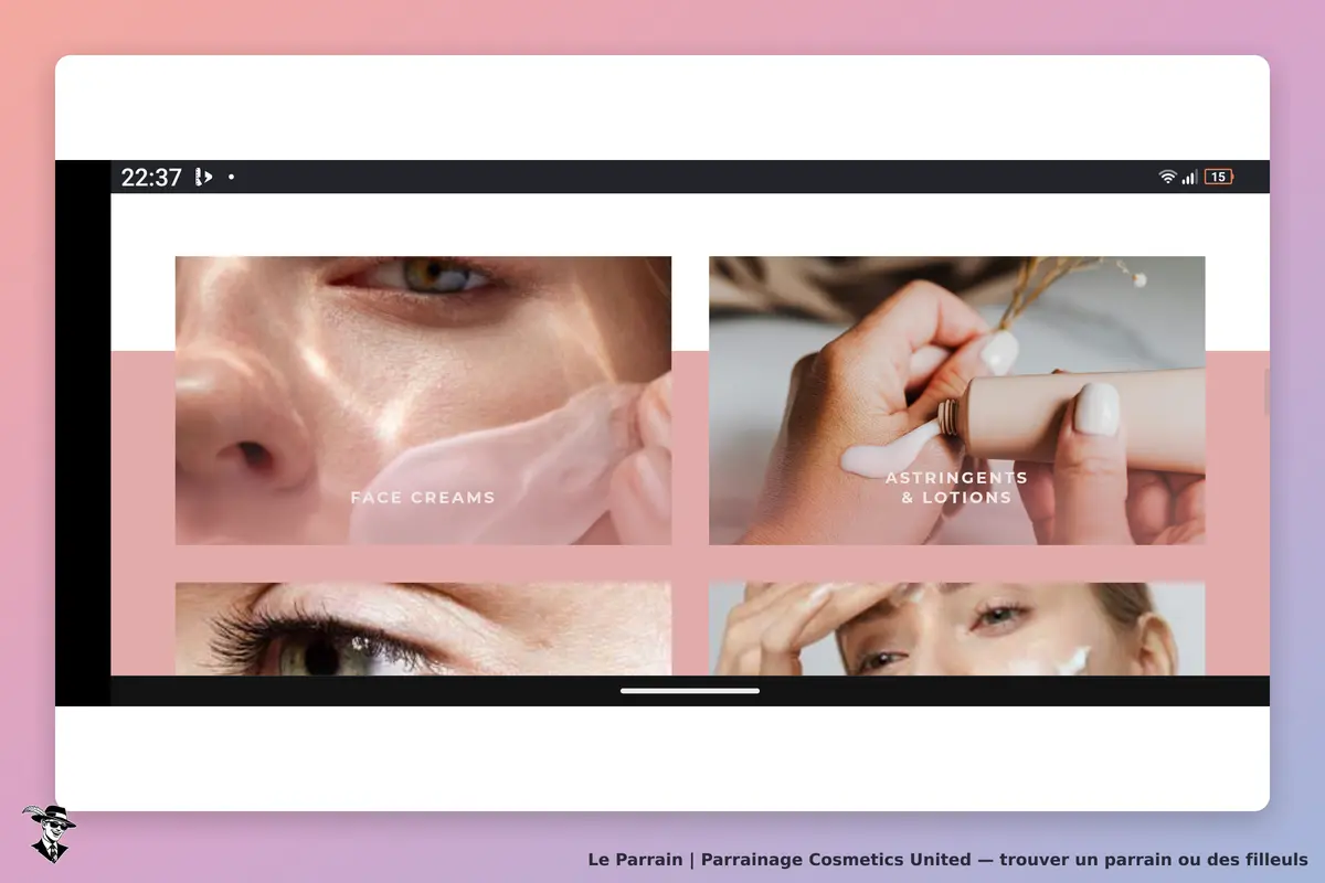Cosmetics United : page d'accueil avec des images de crèmes et lotions pour le visage