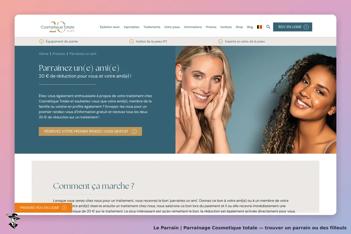 Cosmetique Totale : page d'accueil avec formulaire de parrainage et images de deux femmes