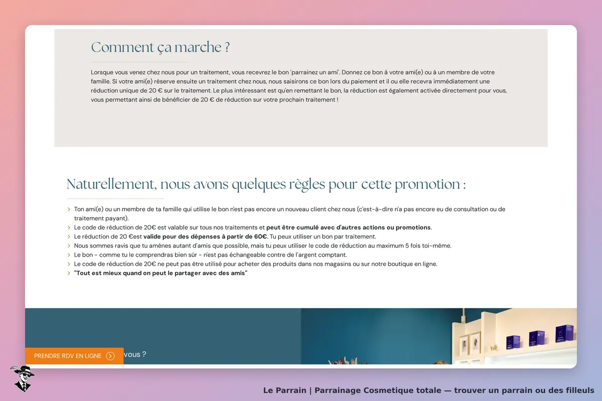 Cosmetique totale : explication du parrainage et règles de promotion sur la page d'accueil
